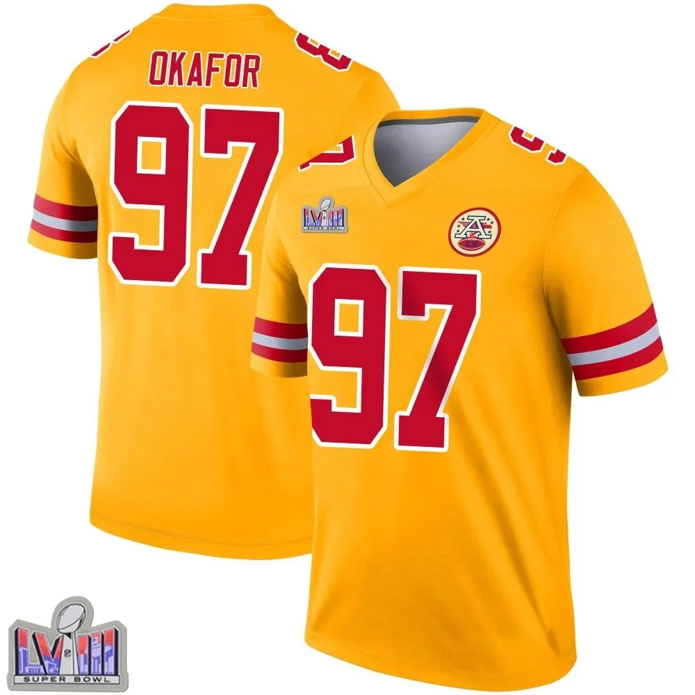 Men's Kansas City Chiefs Alex Okafor Nike Inverted Super Bowl LVIII Patch Legend Gold Jersey Men's Kansas City Chiefs Alex Okafor Nike Inverted Super Bowl LVIII Patch Legend Gold Jersey