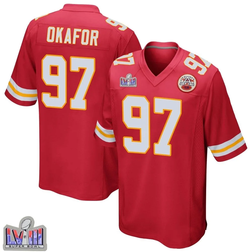 Men's Kansas City Chiefs Alex Okafor Nike Team Color Super Bowl LVIII Patch Game Red Jersey Men's Kansas City Chiefs Alex Okafor Nike Team Color Super Bowl LVIII Patch Game Red Jersey