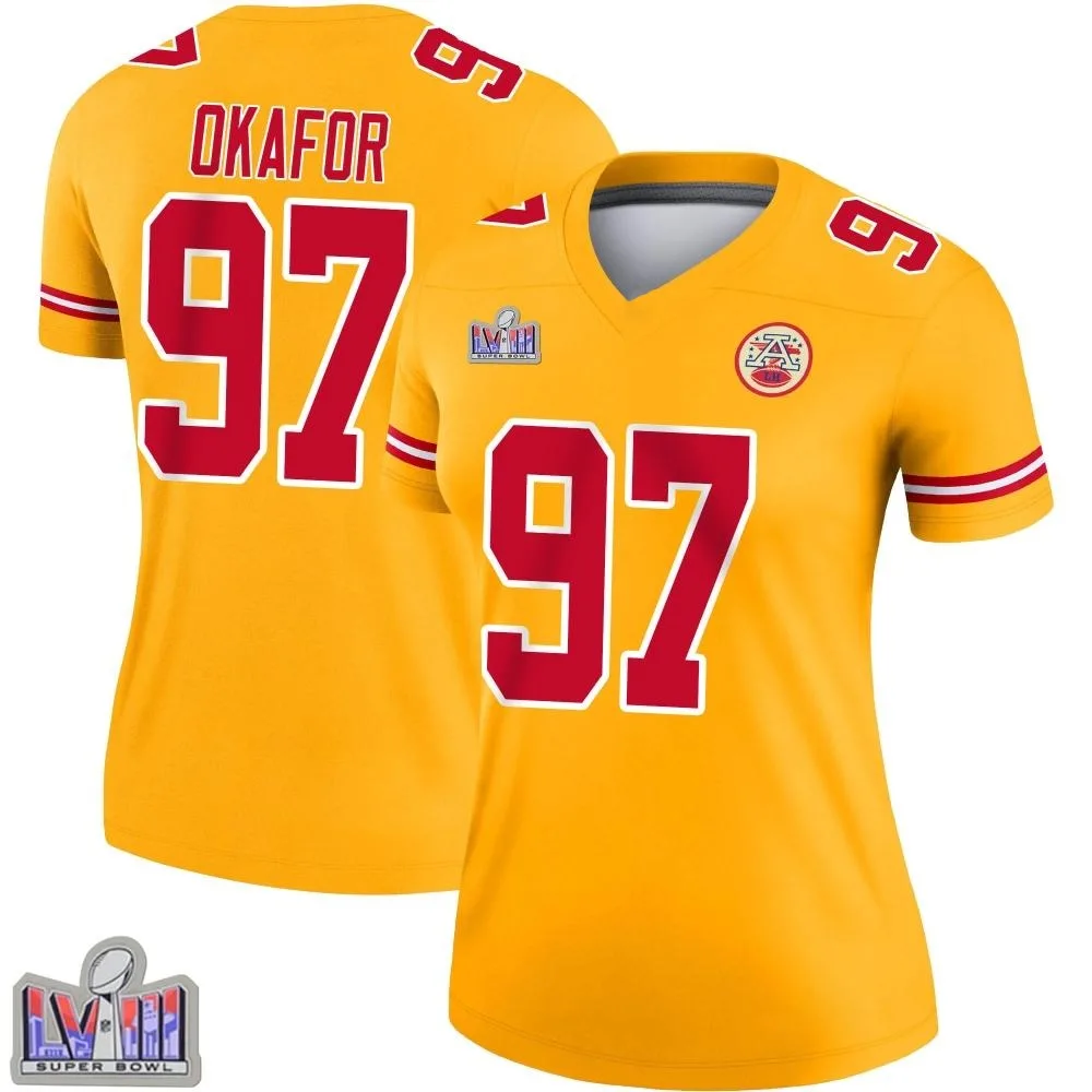 Women's Kansas City Chiefs Alex Okafor Nike Inverted Super Bowl LVIII Patch Legend Gold Jersey Women's Kansas City Chiefs Alex Okafor Nike Inverted Super Bowl LVIII Patch Legend Gold Jersey