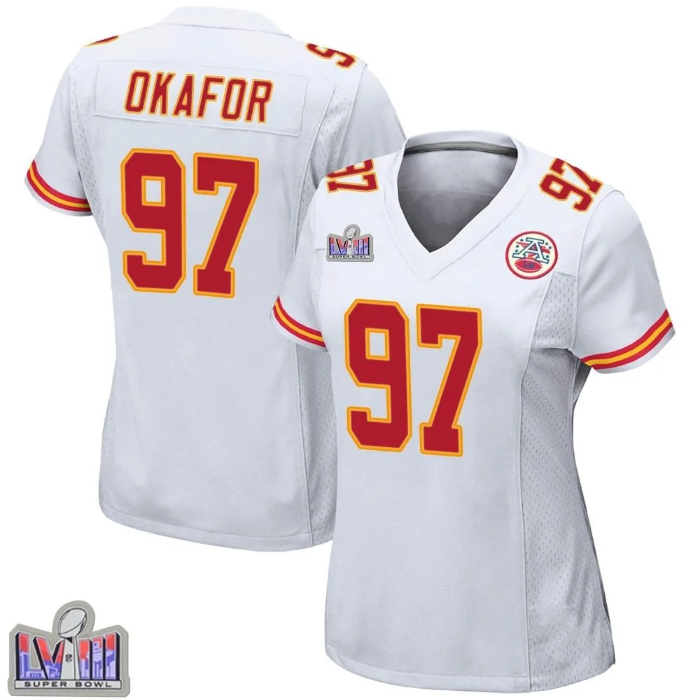 Women's Kansas City Chiefs Alex Okafor Nike Super Bowl LVIII Patch Game White Jersey Women's Kansas City Chiefs Alex Okafor Nike Super Bowl LVIII Patch Game White Jersey