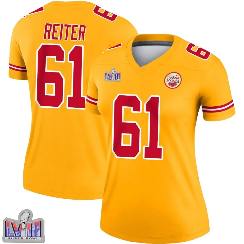 Women's Kansas City Chiefs Austin Reiter Nike Inverted Super Bowl LVIII Patch Legend Gold Jersey Women's Kansas City Chiefs Austin Reiter Nike Inverted Super Bowl LVIII Patch Legend Gold Jersey