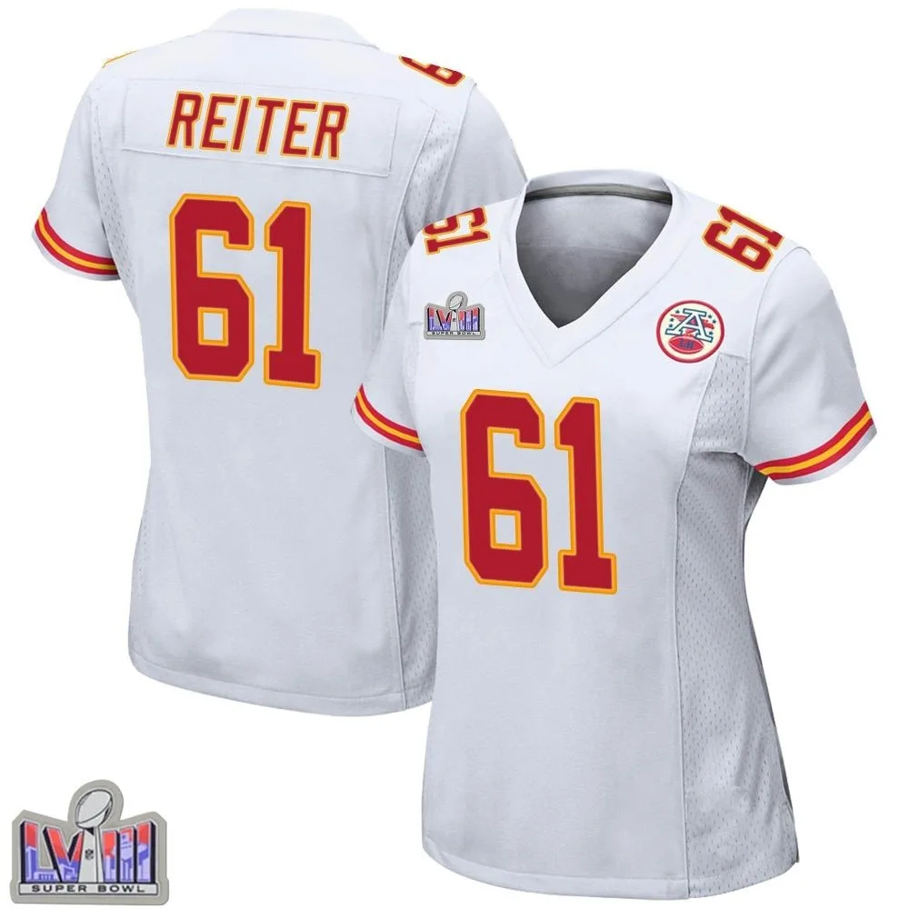 Women's Kansas City Chiefs Austin Reiter Nike Super Bowl LVIII Patch Game White Jersey Women's Kansas City Chiefs Austin Reiter Nike Super Bowl LVIII Patch Game White Jersey