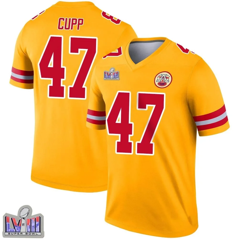 Men's Kansas City Chiefs Baylor Cupp Nike Inverted Super Bowl LVIII Patch Legend Gold Jersey Men's Kansas City Chiefs Baylor Cupp Nike Inverted Super Bowl LVIII Patch Legend Gold Jersey