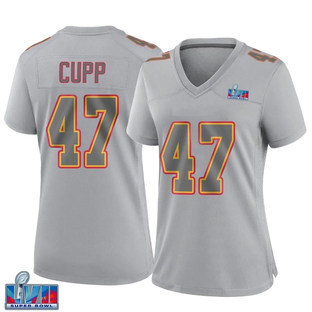 Women's Kansas City Chiefs Baylor Cupp Nike Atmosphere Fashion Super Bowl LVII Patch Game Gray Jersey Women's Kansas City Chiefs Baylor Cupp Nike Atmosphere Fashion Super Bowl LVII Patch Game Gray Jersey