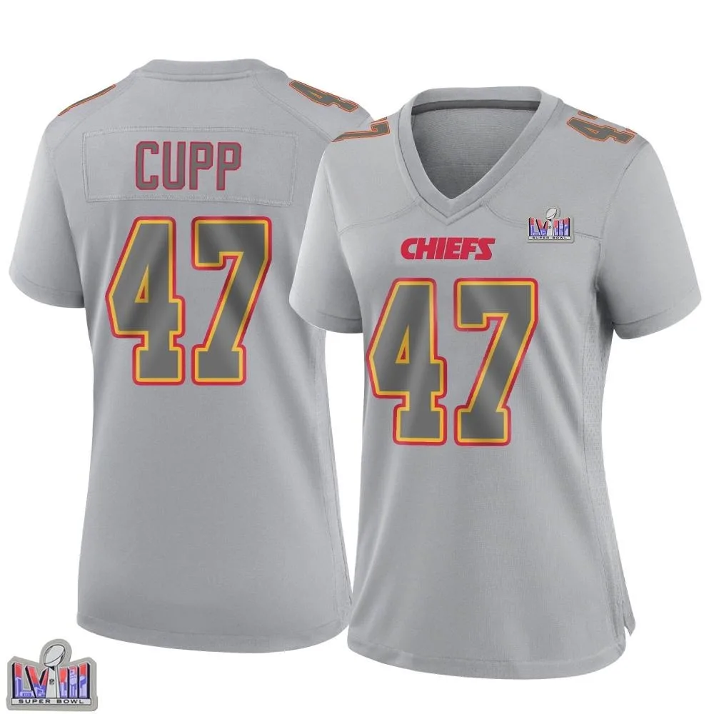 Women's Kansas City Chiefs Baylor Cupp Nike Atmosphere Fashion Super Bowl LVIII Patch Game Gray Jersey Women's Kansas City Chiefs Baylor Cupp Nike Atmosphere Fashion Super Bowl LVIII Patch Game Gray Jersey