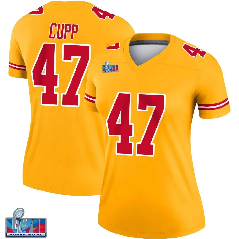 Women's Kansas City Chiefs Baylor Cupp Nike Inverted Super Bowl LVII Patch Legend Gold Jersey Women's Kansas City Chiefs Baylor Cupp Nike Inverted Super Bowl LVII Patch Legend Gold Jersey
