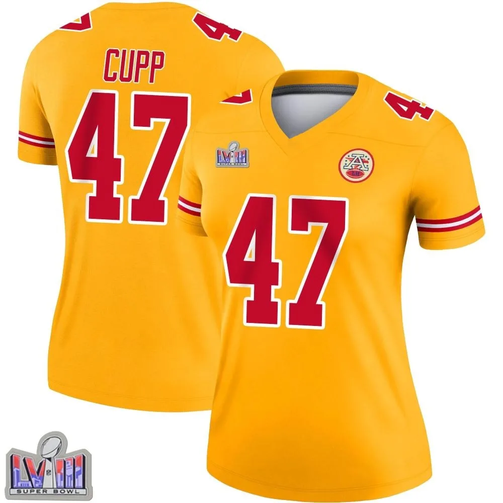Women's Kansas City Chiefs Baylor Cupp Nike Inverted Super Bowl LVIII Patch Legend Gold Jersey Women's Kansas City Chiefs Baylor Cupp Nike Inverted Super Bowl LVIII Patch Legend Gold Jersey