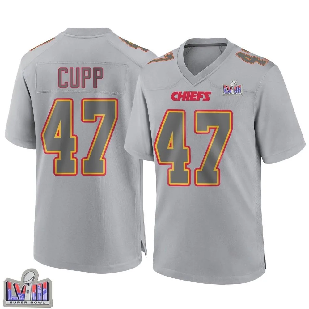 Youth Kansas City Chiefs Baylor Cupp Nike Atmosphere Fashion Super Bowl LVIII Patch Game Gray Jersey Youth Kansas City Chiefs Baylor Cupp Nike Atmosphere Fashion Super Bowl LVIII Patch Game Gray Jersey