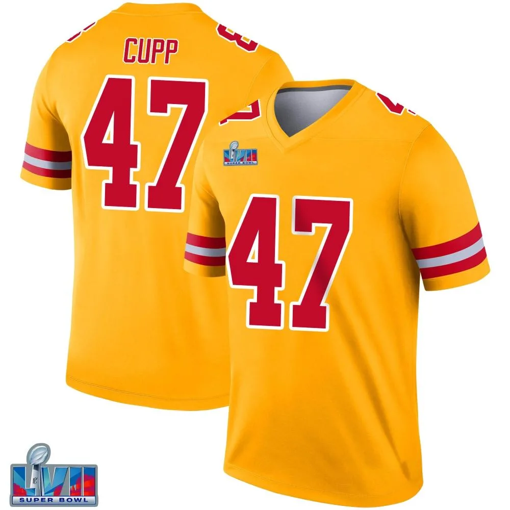 Youth Kansas City Chiefs Baylor Cupp Nike Inverted Super Bowl LVII Patch Legend Gold Jersey Youth Kansas City Chiefs Baylor Cupp Nike Inverted Super Bowl LVII Patch Legend Gold Jersey
