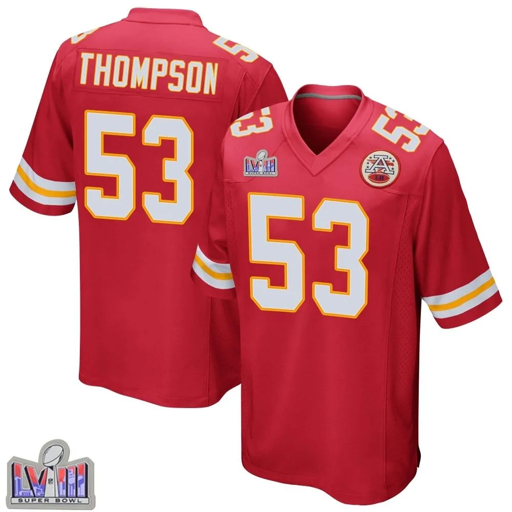 Men's Kansas City Chiefs Bj Thompson Nike Team Color Super Bowl LVIII Patch Game Red Jersey Men's Kansas City Chiefs Bj Thompson Nike Team Color Super Bowl LVIII Patch Game Red Jersey