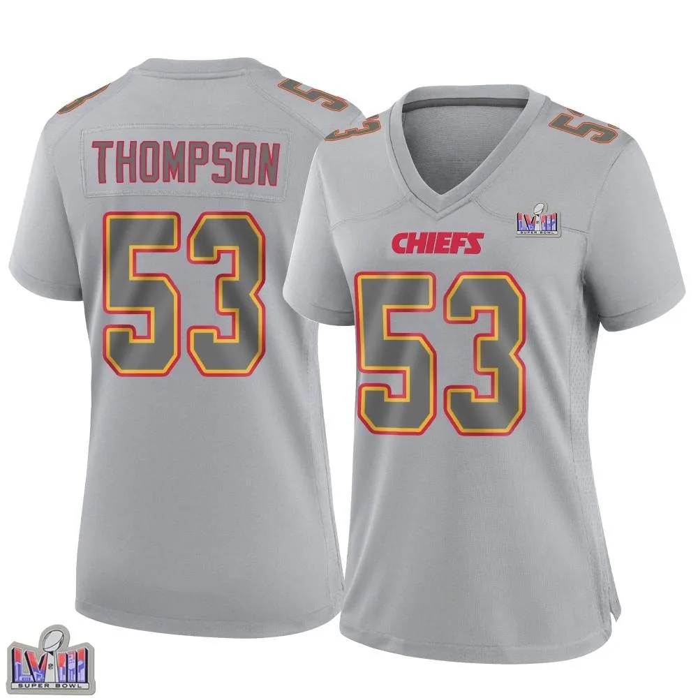 Women's Kansas City Chiefs Bj Thompson Nike Atmosphere Fashion Super Bowl LVIII Patch Game Gray Jersey Women's Kansas City Chiefs Bj Thompson Nike Atmosphere Fashion Super Bowl LVIII Patch Game Gray Jersey