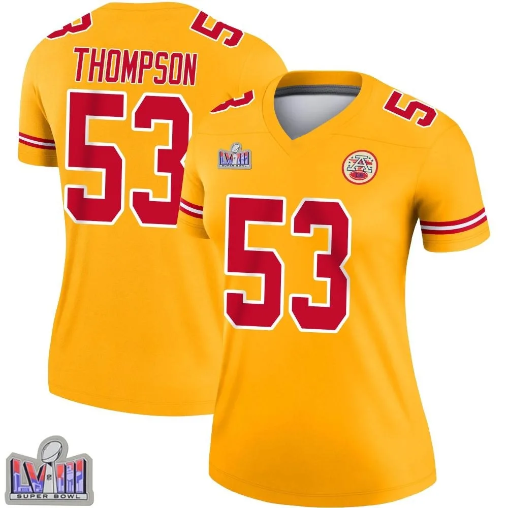 Women's Kansas City Chiefs Bj Thompson Nike Inverted Super Bowl LVIII Patch Legend Gold Jersey Women's Kansas City Chiefs Bj Thompson Nike Inverted Super Bowl LVIII Patch Legend Gold Jersey