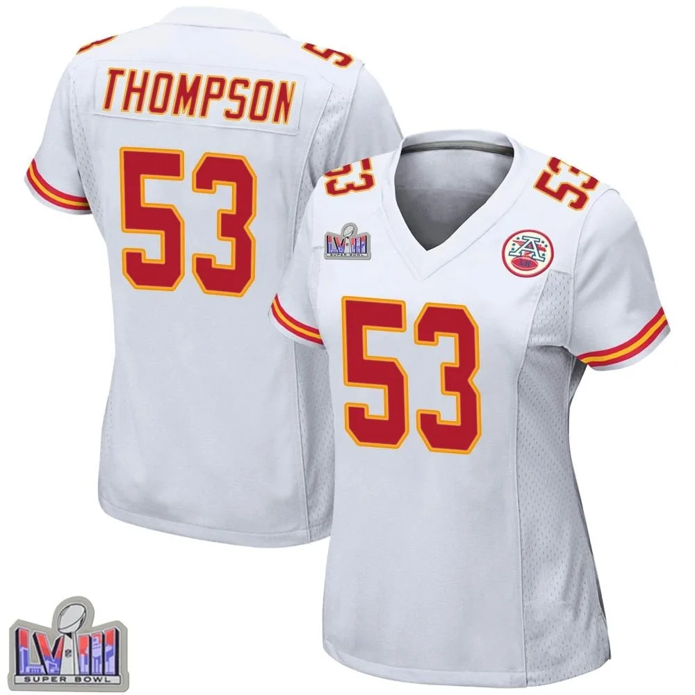 Women's Kansas City Chiefs Bj Thompson Nike Super Bowl LVIII Patch Game White Jersey Women's Kansas City Chiefs Bj Thompson Nike Super Bowl LVIII Patch Game White Jersey