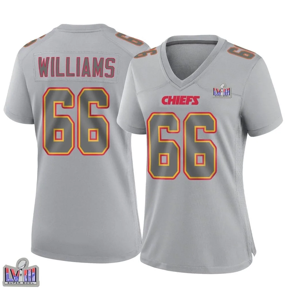 Women's Kansas City Chiefs Brandon Williams Nike Atmosphere Fashion Super Bowl LVIII Patch Game Gray Jersey Women's Kansas City Chiefs Brandon Williams Nike Atmosphere Fashion Super Bowl LVIII Patch Game Gray Jersey