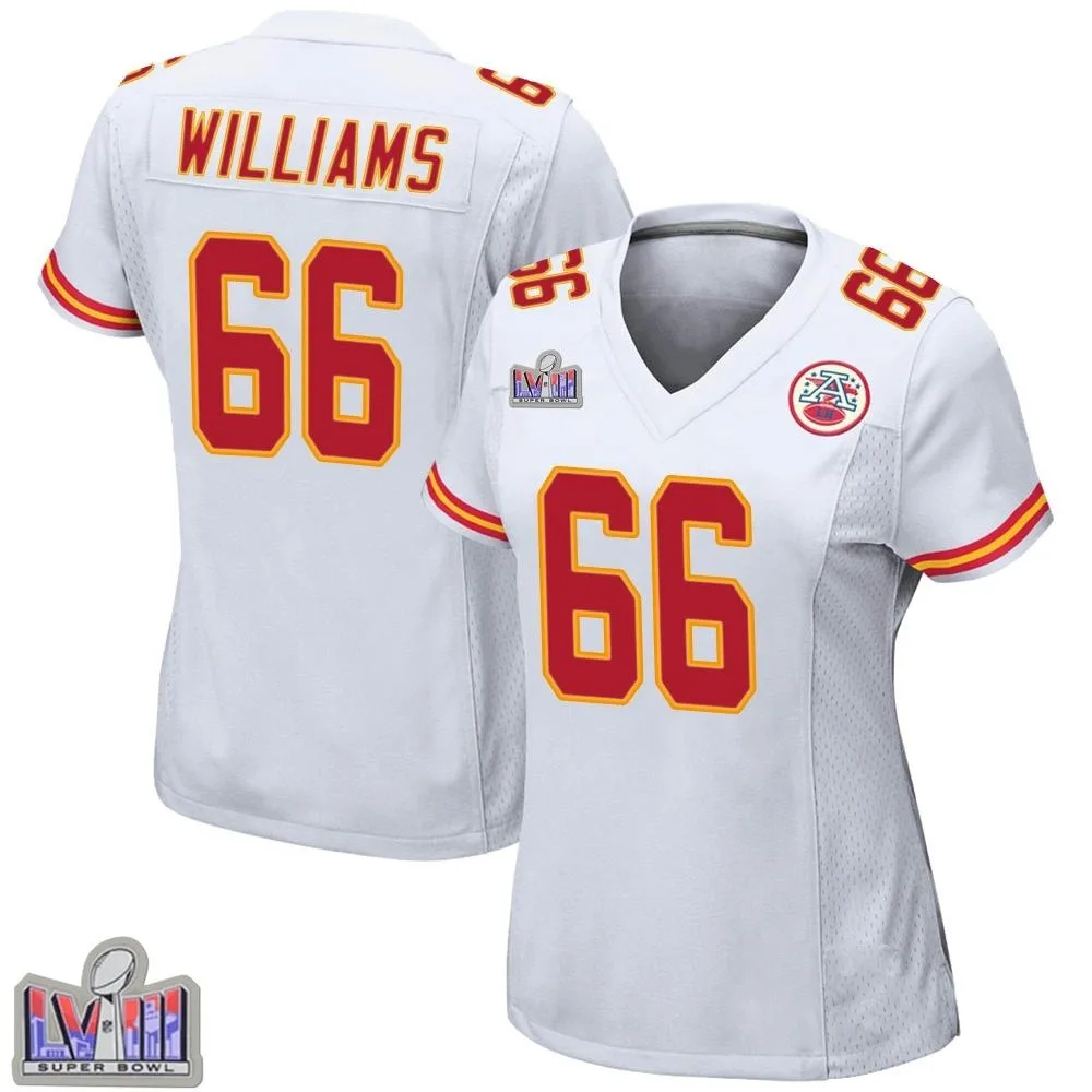 Women's Kansas City Chiefs Brandon Williams Nike Super Bowl LVIII Patch Game White Jersey Women's Kansas City Chiefs Brandon Williams Nike Super Bowl LVIII Patch Game White Jersey
