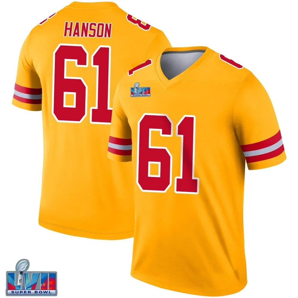 Men's Kansas City Chiefs C.j. Hanson Nike Inverted Super Bowl LVII Patch Legend Gold Jersey Men's Kansas City Chiefs C.j. Hanson Nike Inverted Super Bowl LVII Patch Legend Gold Jersey