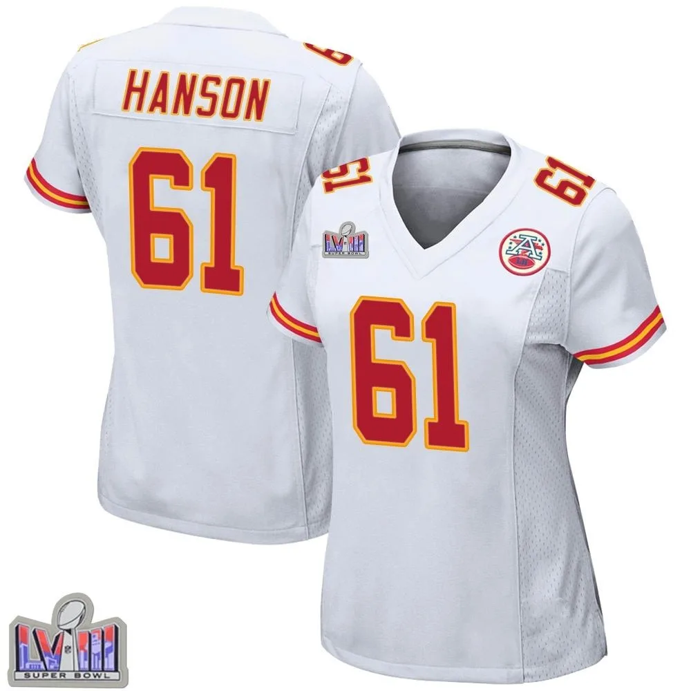 Women's Kansas City Chiefs C.j. Hanson Nike Super Bowl LVIII Patch Game White Jersey Women's Kansas City Chiefs C.j. Hanson Nike Super Bowl LVIII Patch Game White Jersey