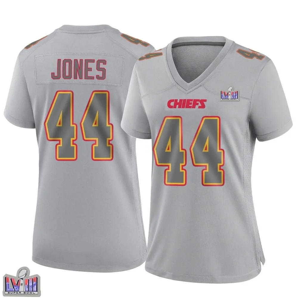 Women's Kansas City Chiefs Cam Jones Nike Atmosphere Fashion Super Bowl LVIII Patch Game Gray Jersey Women's Kansas City Chiefs Cam Jones Nike Atmosphere Fashion Super Bowl LVIII Patch Game Gray Jersey