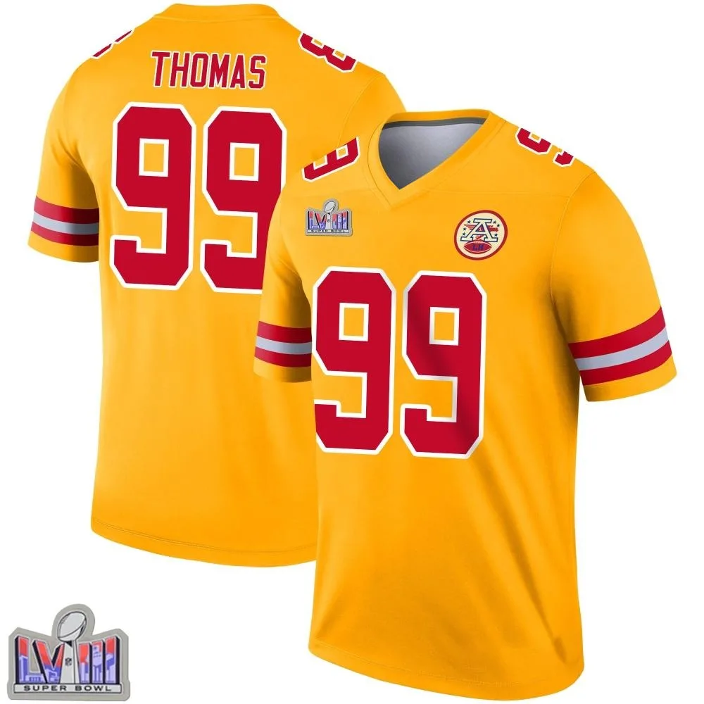 Men's Kansas City Chiefs Cameron Thomas Nike Inverted Super Bowl LVIII Patch Legend Gold Jersey Men's Kansas City Chiefs Cameron Thomas Nike Inverted Super Bowl LVIII Patch Legend Gold Jersey