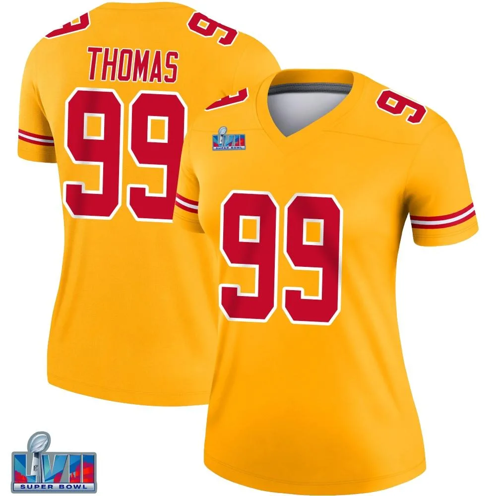 Women's Kansas City Chiefs Cameron Thomas Nike Inverted Super Bowl LVII Patch Legend Gold Jersey Women's Kansas City Chiefs Cameron Thomas Nike Inverted Super Bowl LVII Patch Legend Gold Jersey