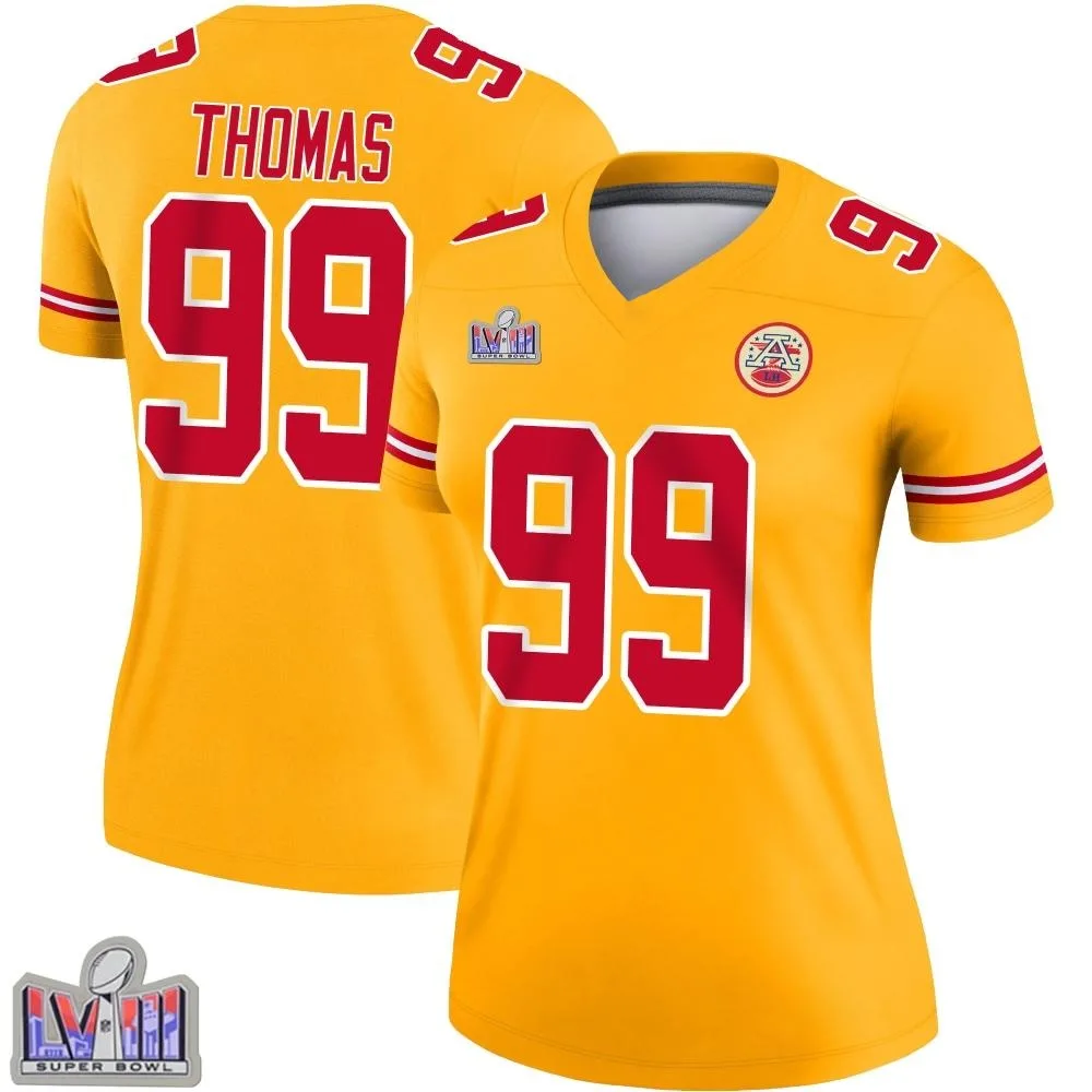 Women's Kansas City Chiefs Cameron Thomas Nike Inverted Super Bowl LVIII Patch Legend Gold Jersey Women's Kansas City Chiefs Cameron Thomas Nike Inverted Super Bowl LVIII Patch Legend Gold Jersey