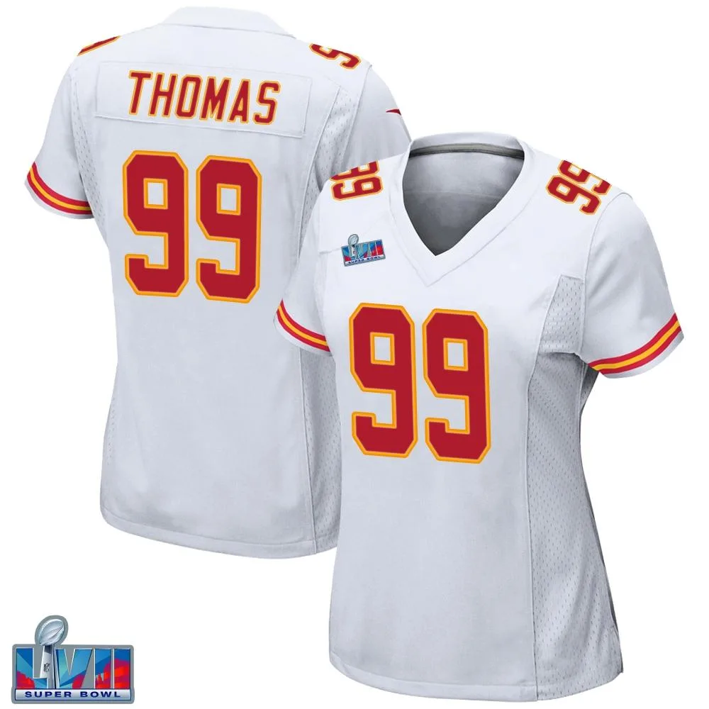 Women's Kansas City Chiefs Cameron Thomas Nike Super Bowl LVII Patch Game White Jersey Women's Kansas City Chiefs Cameron Thomas Nike Super Bowl LVII Patch Game White Jersey