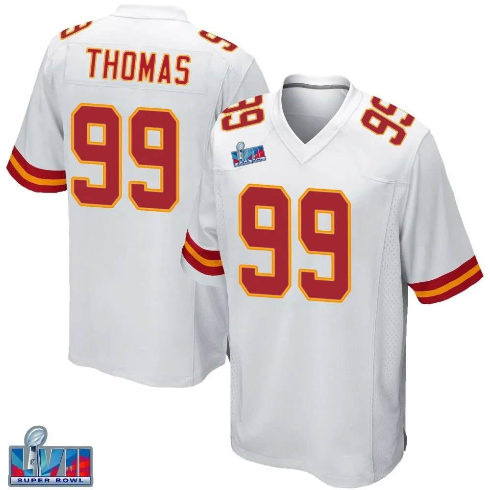 Youth Kansas City Chiefs Cameron Thomas Nike Super Bowl LVII Patch Game White Jersey Youth Kansas City Chiefs Cameron Thomas Nike Super Bowl LVII Patch Game White Jersey