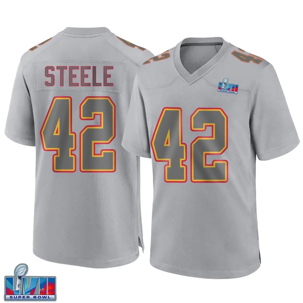 Men's Kansas City Chiefs Carson Steele Nike Atmosphere Fashion Super Bowl LVII Patch Game Gray Jersey Men's Kansas City Chiefs Carson Steele Nike Atmosphere Fashion Super Bowl LVII Patch Game Gray Jersey