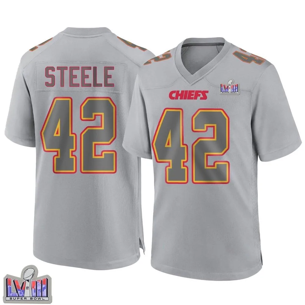 Men's Kansas City Chiefs Carson Steele Nike Atmosphere Fashion Super Bowl LVIII Patch Game Gray Jersey Men's Kansas City Chiefs Carson Steele Nike Atmosphere Fashion Super Bowl LVIII Patch Game Gray Jersey
