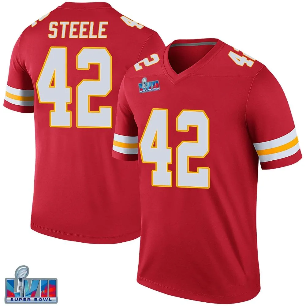 Men's Kansas City Chiefs Carson Steele Nike Color Rush Super Bowl LVII Patch Legend Red Jersey Men's Kansas City Chiefs Carson Steele Nike Color Rush Super Bowl LVII Patch Legend Red Jersey