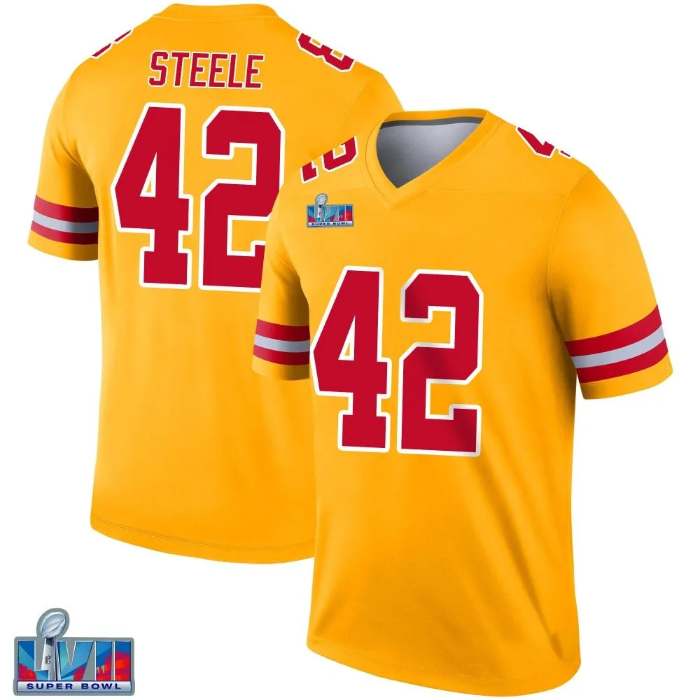 Men's Kansas City Chiefs Carson Steele Nike Inverted Super Bowl LVII Patch Legend Gold Jersey Men's Kansas City Chiefs Carson Steele Nike Inverted Super Bowl LVII Patch Legend Gold Jersey