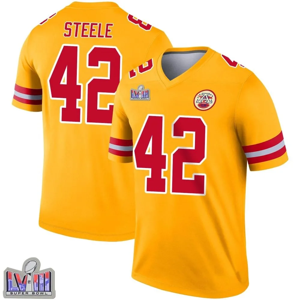 Men's Kansas City Chiefs Carson Steele Nike Inverted Super Bowl LVIII Patch Legend Gold Jersey Men's Kansas City Chiefs Carson Steele Nike Inverted Super Bowl LVIII Patch Legend Gold Jersey