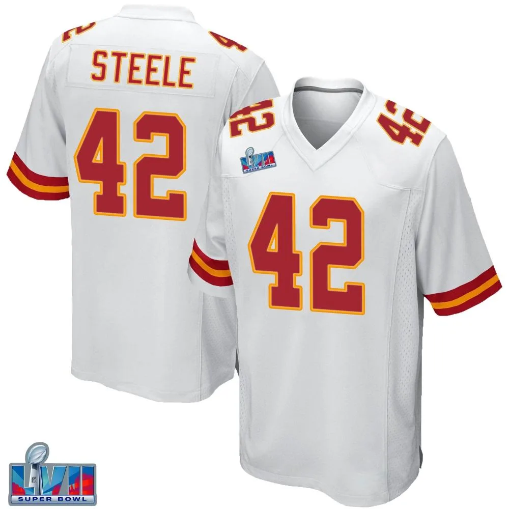 Men's Kansas City Chiefs Carson Steele Nike Super Bowl LVII Patch Game White Jersey Men's Kansas City Chiefs Carson Steele Nike Super Bowl LVII Patch Game White Jersey
