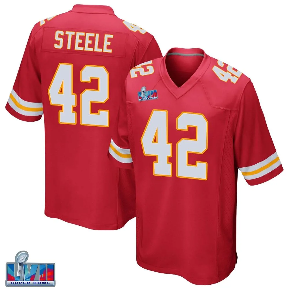 Men's Kansas City Chiefs Carson Steele Nike Team Color Super Bowl LVII Patch Game Red Jersey Men's Kansas City Chiefs Carson Steele Nike Team Color Super Bowl LVII Patch Game Red Jersey