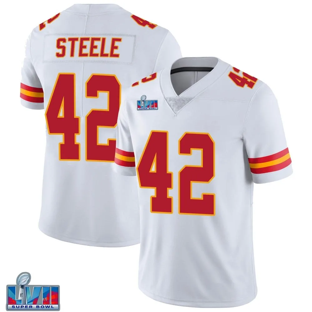 Men's Kansas City Chiefs Carson Steele Nike Vapor Untouchable Super Bowl LVII Patch Limited White Jersey Men's Kansas City Chiefs Carson Steele Nike Vapor Untouchable Super Bowl LVII Patch Limited White Jersey