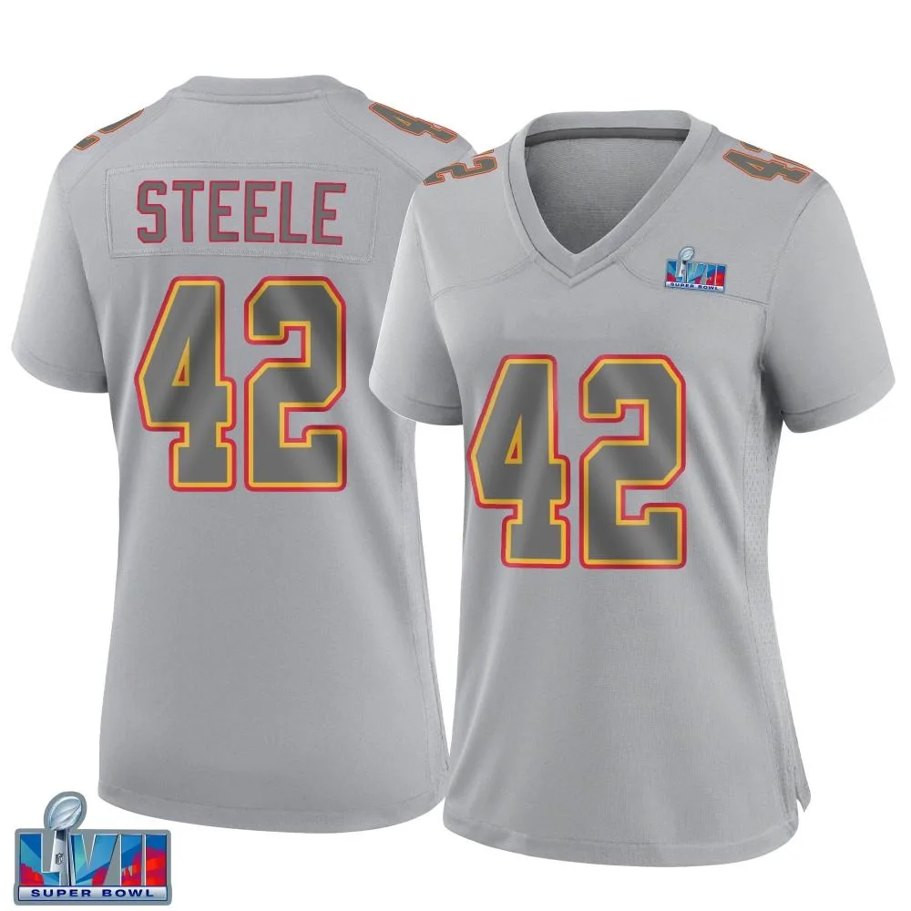 Women's Kansas City Chiefs Carson Steele Nike Atmosphere Fashion Super Bowl LVII Patch Game Gray Jersey Women's Kansas City Chiefs Carson Steele Nike Atmosphere Fashion Super Bowl LVII Patch Game Gray Jersey