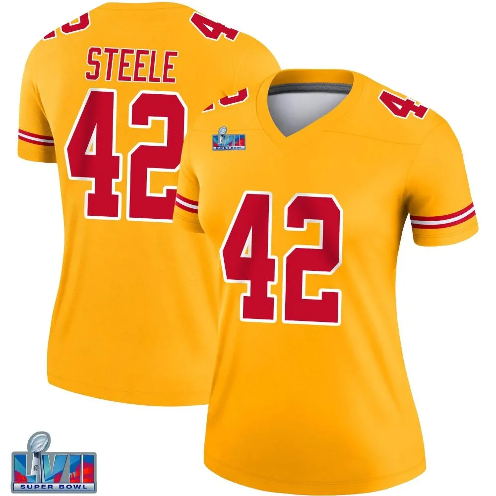 Women's Kansas City Chiefs Carson Steele Nike Inverted Super Bowl LVII Patch Legend Gold Jersey Women's Kansas City Chiefs Carson Steele Nike Inverted Super Bowl LVII Patch Legend Gold Jersey