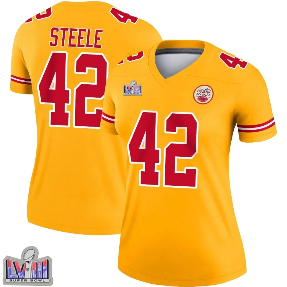 Women's Kansas City Chiefs Carson Steele Nike Inverted Super Bowl LVIII Patch Legend Gold Jersey Women's Kansas City Chiefs Carson Steele Nike Inverted Super Bowl LVIII Patch Legend Gold Jersey