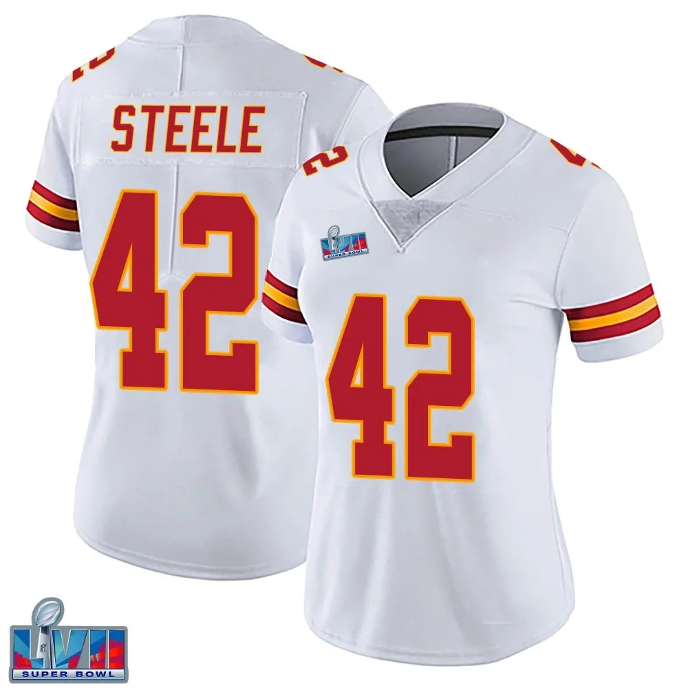 Women's Kansas City Chiefs Carson Steele Nike Vapor Untouchable Super Bowl LVII Patch Limited White Jersey Women's Kansas City Chiefs Carson Steele Nike Vapor Untouchable Super Bowl LVII Patch Limited White Jersey