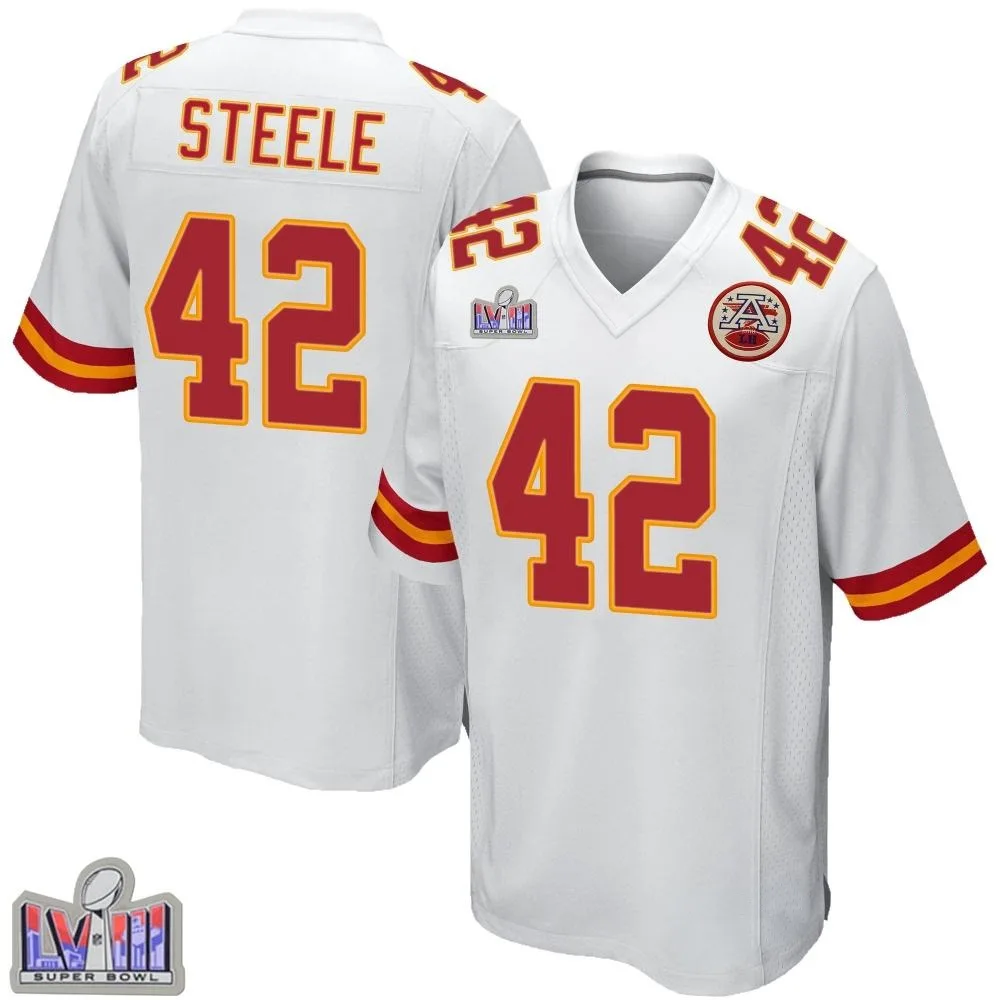 Youth Kansas City Chiefs Carson Steele Nike Super Bowl LVIII Patch Game White Jersey Youth Kansas City Chiefs Carson Steele Nike Super Bowl LVIII Patch Game White Jersey