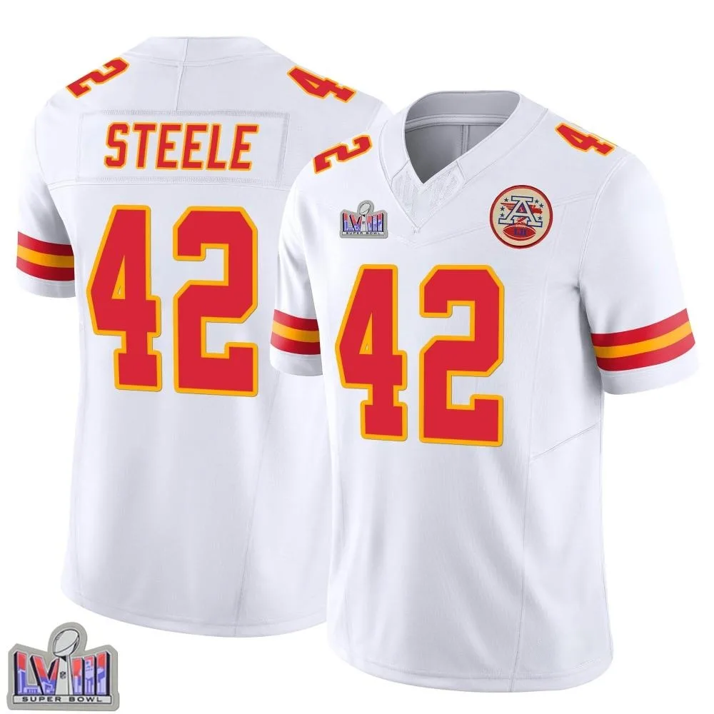 Youth Kansas City Chiefs Carson Steele Nike Vapor F.U.S.E. Super Bowl LVIII Patch Limited White Jersey Youth Kansas City Chiefs Carson Steele Nike Vapor F.U.S.E. Super Bowl LVIII Patch Limited White Jersey