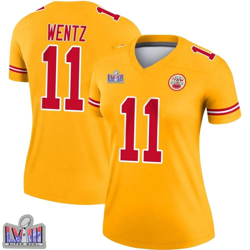 Women's Kansas City Chiefs Carson Wentz Nike Inverted Super Bowl LVIII Patch Legend Gold Jersey Women's Kansas City Chiefs Carson Wentz Nike Inverted Super Bowl LVIII Patch Legend Gold Jersey