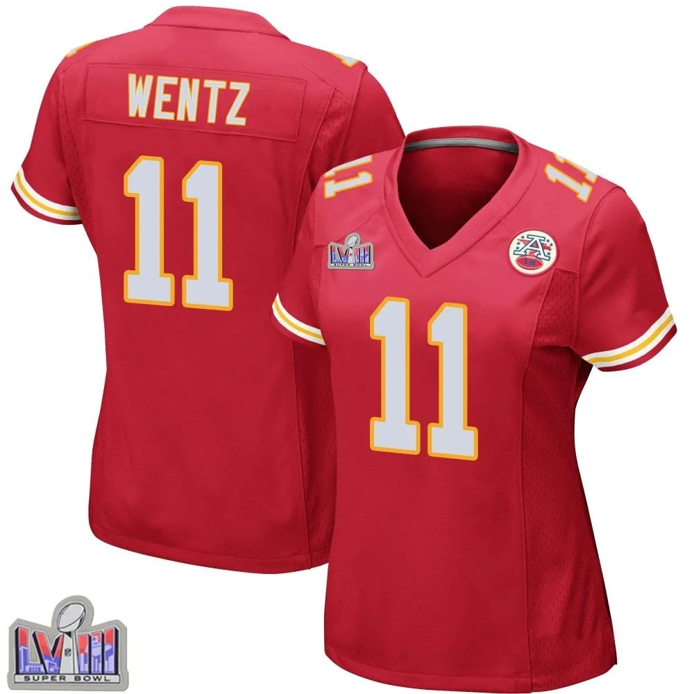 Women's Kansas City Chiefs Carson Wentz Nike Team Color Super Bowl LVIII Patch Game Red Jersey Women's Kansas City Chiefs Carson Wentz Nike Team Color Super Bowl LVIII Patch Game Red Jersey