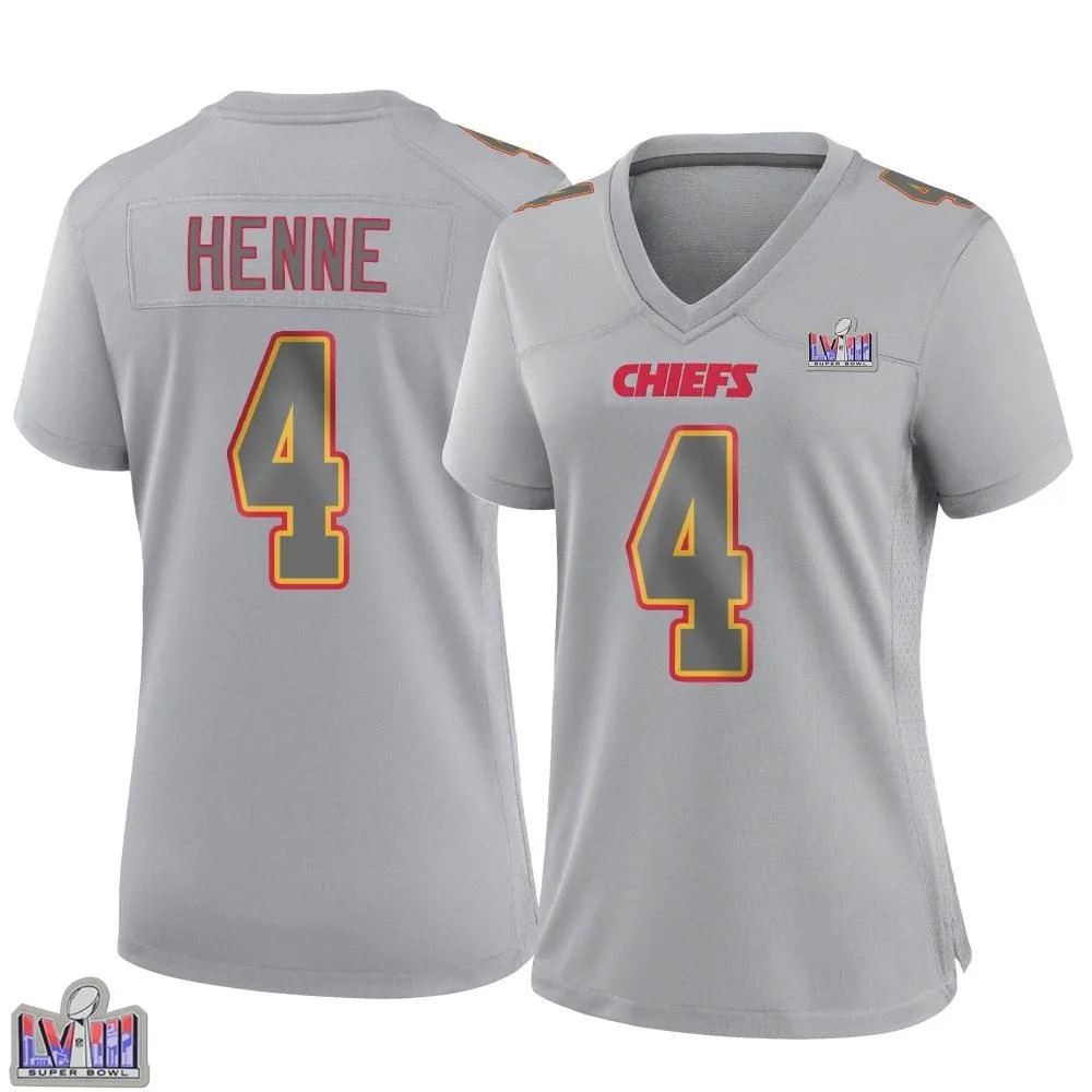Women's Kansas City Chiefs Chad Henne Nike Atmosphere Fashion Super Bowl LVIII Patch Game Gray Jersey Women's Kansas City Chiefs Chad Henne Nike Atmosphere Fashion Super Bowl LVIII Patch Game Gray Jersey