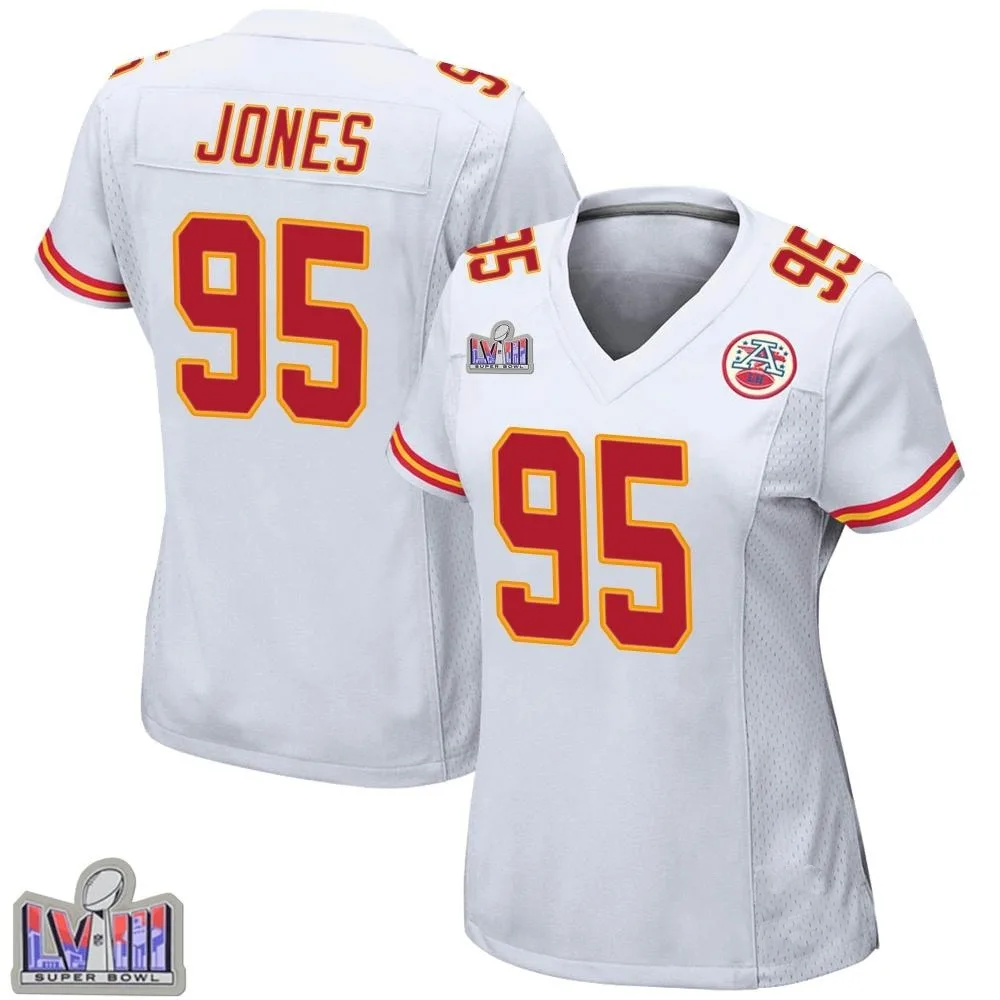 Women's Kansas City Chiefs Chris Jones Nike Super Bowl LVIII Patch Game White Jersey Women's Kansas City Chiefs Chris Jones Nike Super Bowl LVIII Patch Game White Jersey