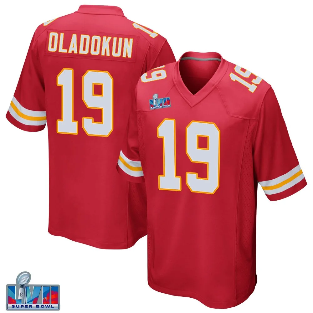 Men's Kansas City Chiefs Chris Oladokun Nike Team Color Super Bowl LVII Patch Game Red Jersey Men's Kansas City Chiefs Chris Oladokun Nike Team Color Super Bowl LVII Patch Game Red Jersey