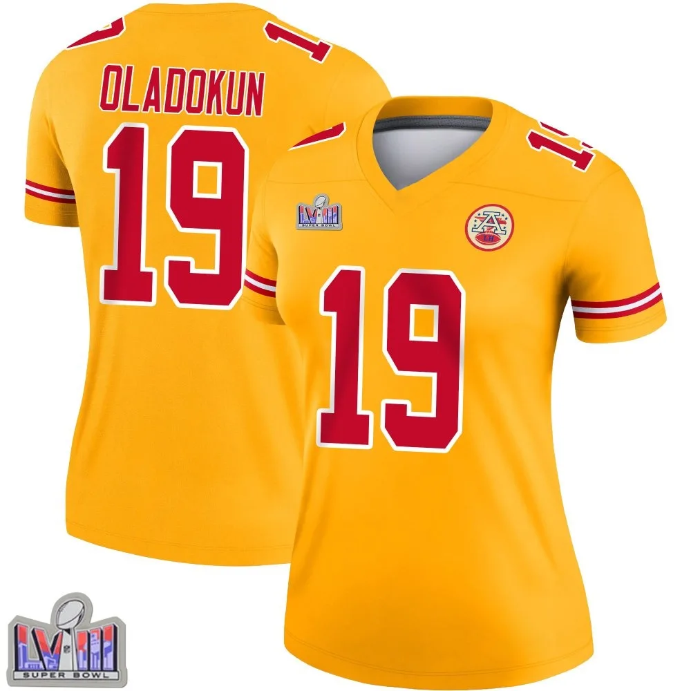 Women's Kansas City Chiefs Chris Oladokun Nike Inverted Super Bowl LVIII Patch Legend Gold Jersey Women's Kansas City Chiefs Chris Oladokun Nike Inverted Super Bowl LVIII Patch Legend Gold Jersey