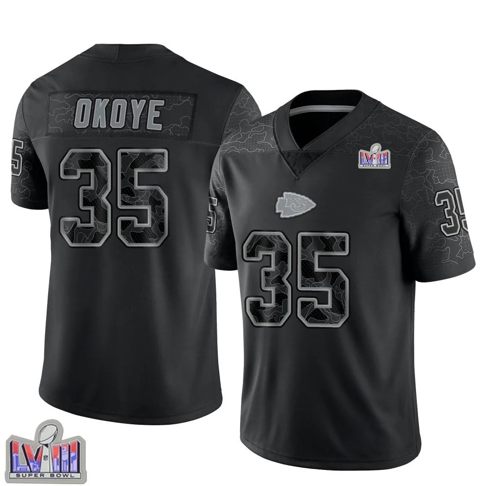 Men's Kansas City Chiefs Christian Okoye Nike Reflective Super Bowl LVIII Patch Limited Black Jersey Men's Kansas City Chiefs Christian Okoye Nike Reflective Super Bowl LVIII Patch Limited Black Jersey