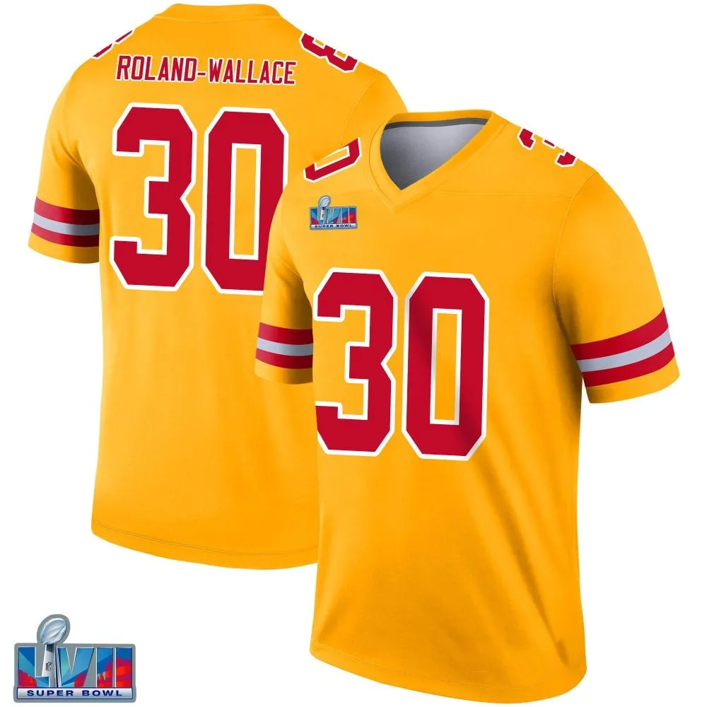 Men's Kansas City Chiefs Christian Roland-Wallace Nike Inverted Super Bowl LVII Patch Legend Gold Jersey Men's Kansas City Chiefs Christian Roland-Wallace Nike Inverted Super Bowl LVII Patch Legend Gold Jersey