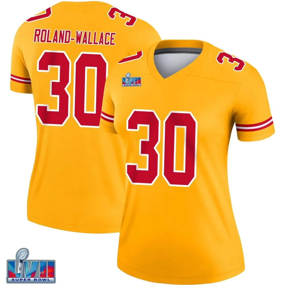Women's Kansas City Chiefs Christian Roland-Wallace Nike Inverted Super Bowl LVII Patch Legend Gold Jersey Women's Kansas City Chiefs Christian Roland-Wallace Nike Inverted Super Bowl LVII Patch Legend Gold Jersey